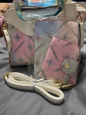 Pastel Pink and Cream Floral Logo Crossbody Bag, pouch, and Card Holder